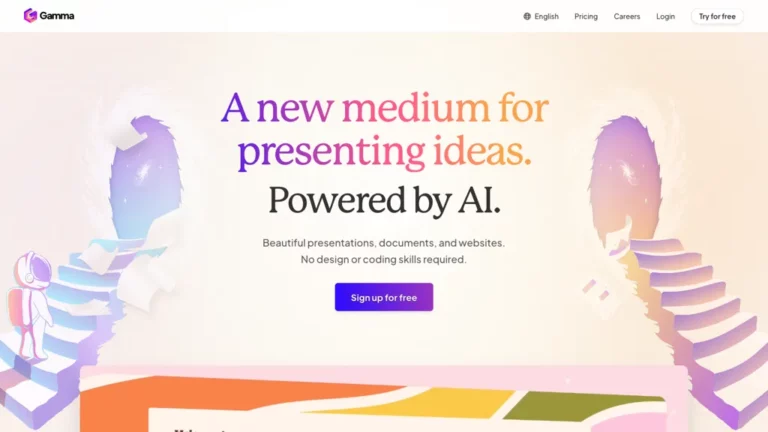 Historical Gamma homepage with a colorful presentation headline, pastel stairways and portals, and a small astronaut illustration.