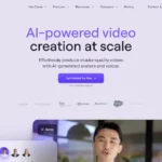 Historical HeyGen homepage with a purple video-creation headline, a demo portrait, and avatar thumbnails.