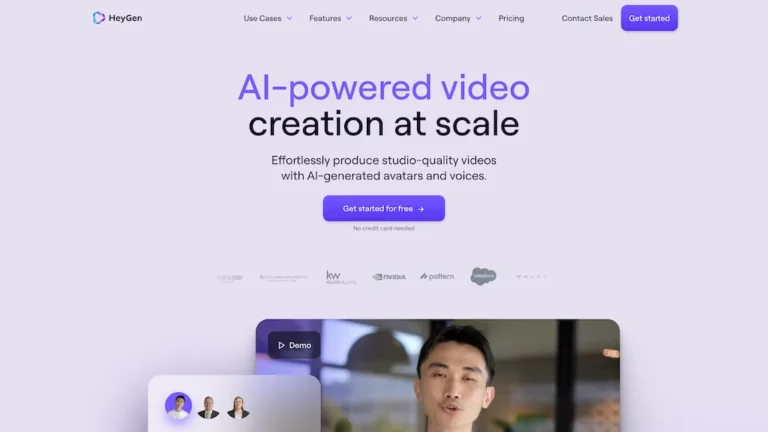 Historical HeyGen homepage with a purple video-creation headline, a demo portrait, and avatar thumbnails.