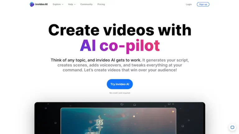 Historical InVideo homepage with a Create videos with AI co-pilot headline and a partial video-editor preview.