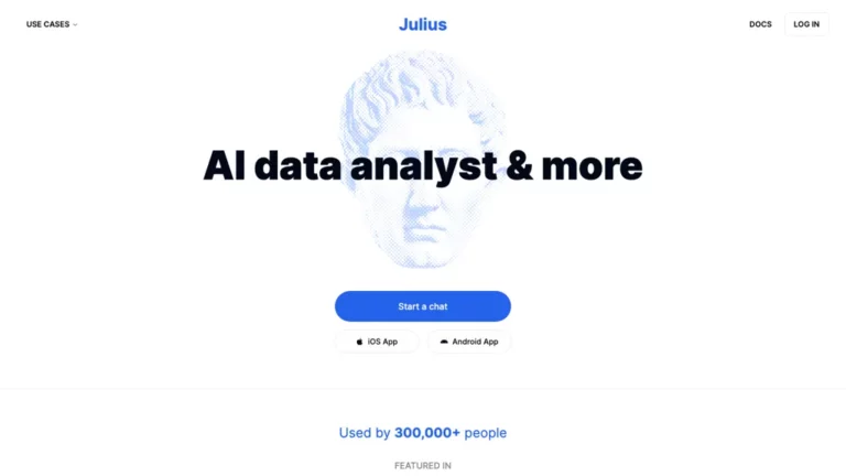Historical Julius landing page with a translucent classical bust and blue sign-up button