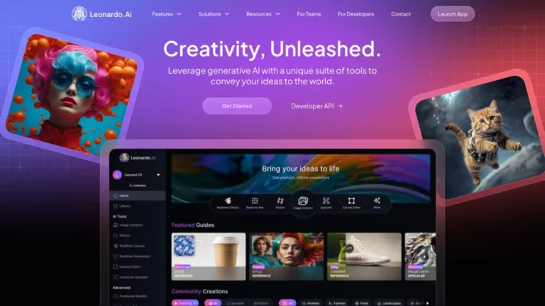 Historical Leonardo.ai homepage with colorful artwork and an image-generation dashboard preview