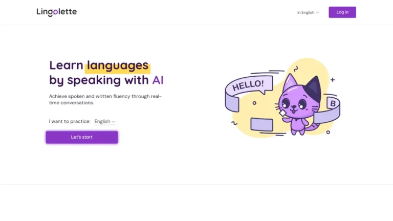 Lingolette homepage with a language-learning headline, an English selector, a purple Let's start button and a purple cartoon cat.