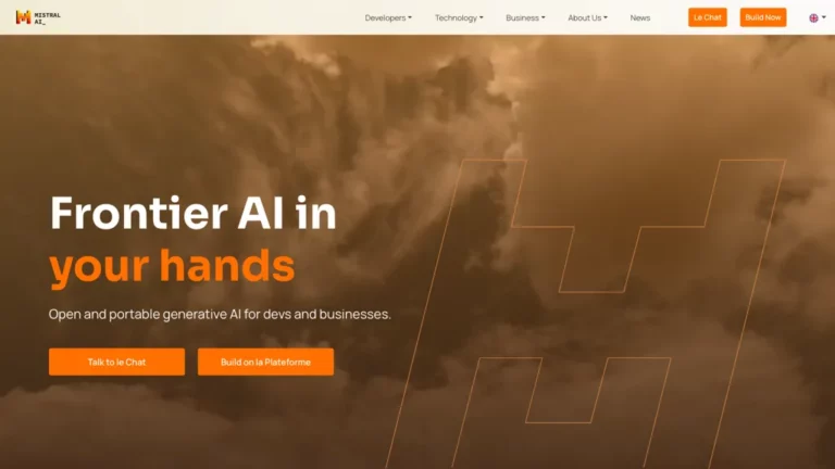 Archived Mistral AI homepage with orange buttons over a cloud background.