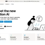 Historical Notion AI page with a person typing on a laptop and Search, Generate, Analyze and Chat cards.