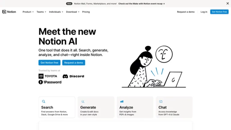 Historical Notion AI page with a person typing on a laptop and Search, Generate, Analyze and Chat cards.