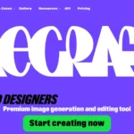 Recraft AI 1 Earlier Recraft landing page with a large white wordmark on purple, AI for Pro Designers text, and a green Start creating now button.