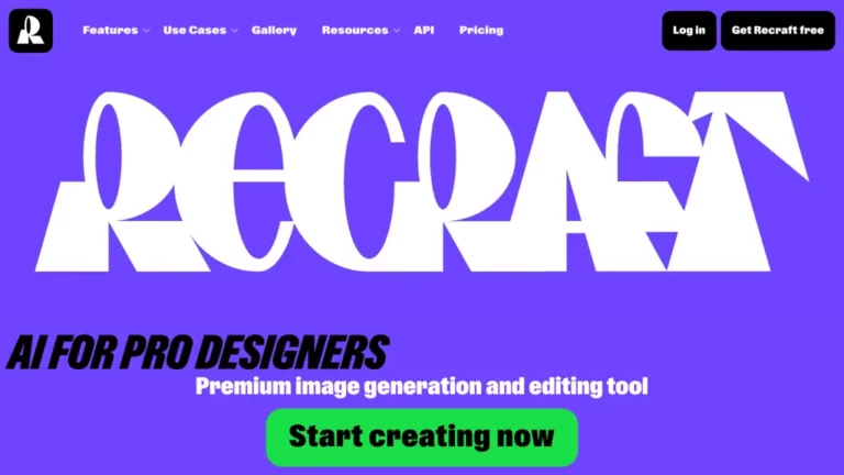 Earlier Recraft landing page with a large white wordmark on purple, AI for Pro Designers text, and a green Start creating now button.
