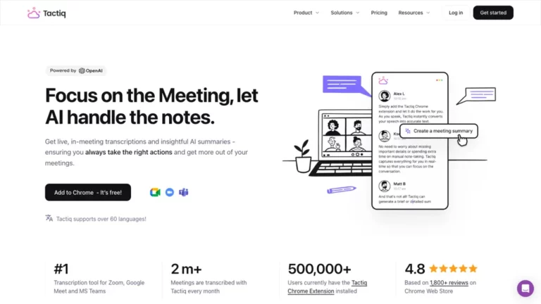 Historical Tactiq homepage with a meeting-notes headline, black Chrome button, laptop illustration, and floating transcript cards.