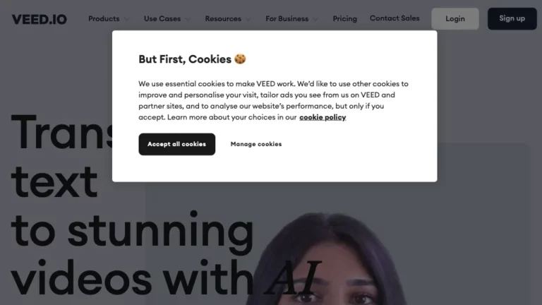 Older VEED homepage with a cookie-consent dialog covering part of an AI video headline and presenter image.