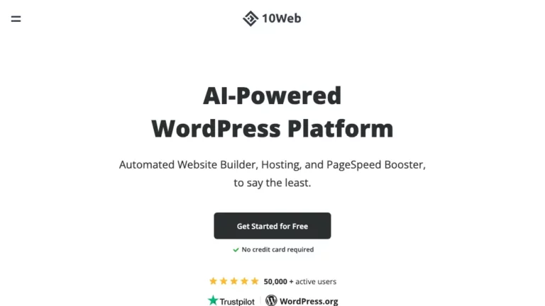 Historical 10Web homepage with an AI-powered WordPress platform headline and a Get Started for Free button.