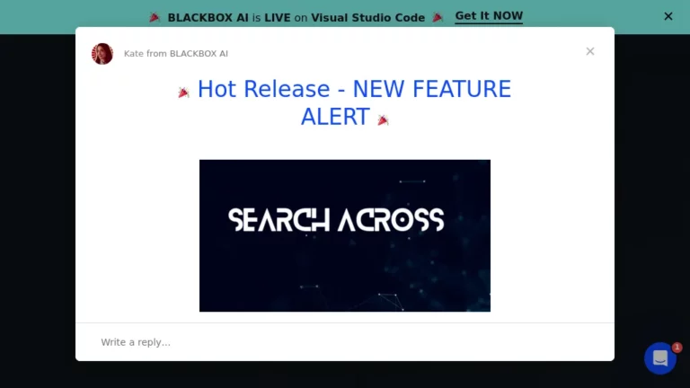 Historical Blackbox promotional popup with a Hot Release feature alert, SEARCH ACROSS graphic and Visual Studio Code banner.