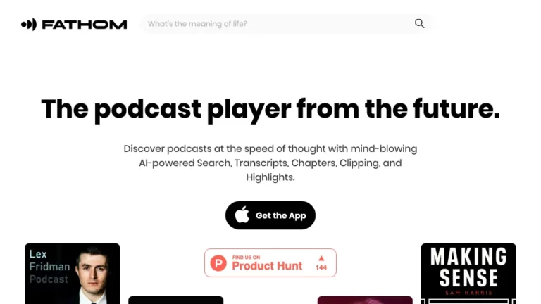 Historical Fathom.fm homepage with a podcast-player headline, an Apple app button, podcast covers, and a Product Hunt badge.