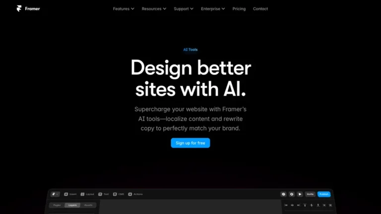Historical Framer homepage with the headline Design better sites with AI and a website editor preview