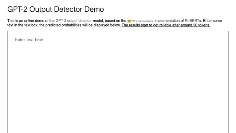 Historical GPT-2 Output Detector Demo interface with an empty text input box