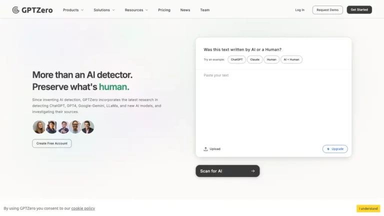 Historical white GPTZero homepage with a human-writing headline, empty text-input panel, and Scan for AI button.