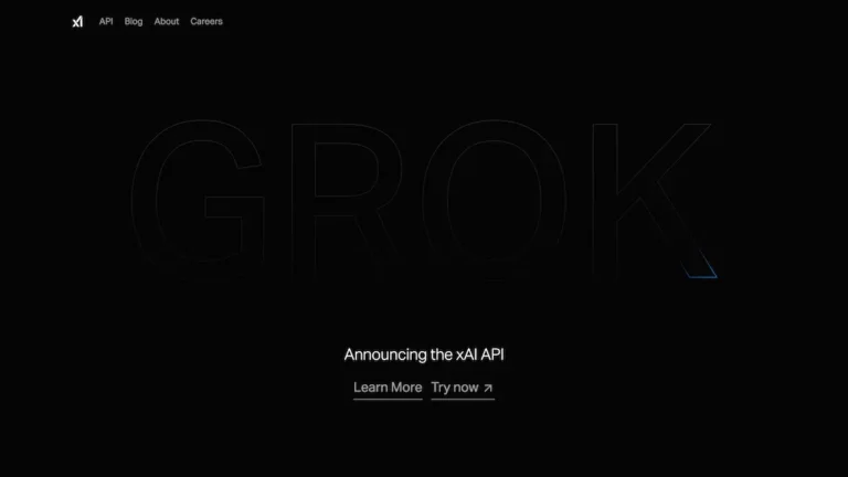 Black Grok webpage with a faint GROK wordmark, an Announcing the xAI API message, and Learn More and Try now buttons.