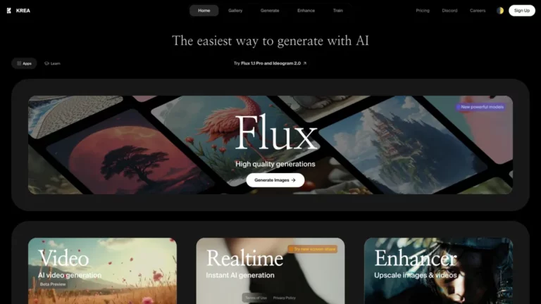 Historical Krea homepage with a Flux banner and Video, Realtime and Enhancer cards