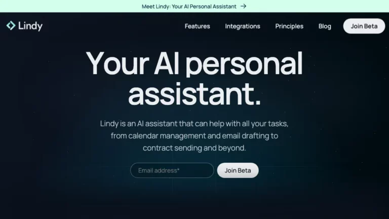 Historical Lindy homepage with a navy background, personal assistant headline, email field and Join Beta buttons.
