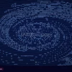 Historical Midjourney landing page with a pale text-pattern swirl on a dark navy background, the Midjourney wordmark, and navigation controls.
