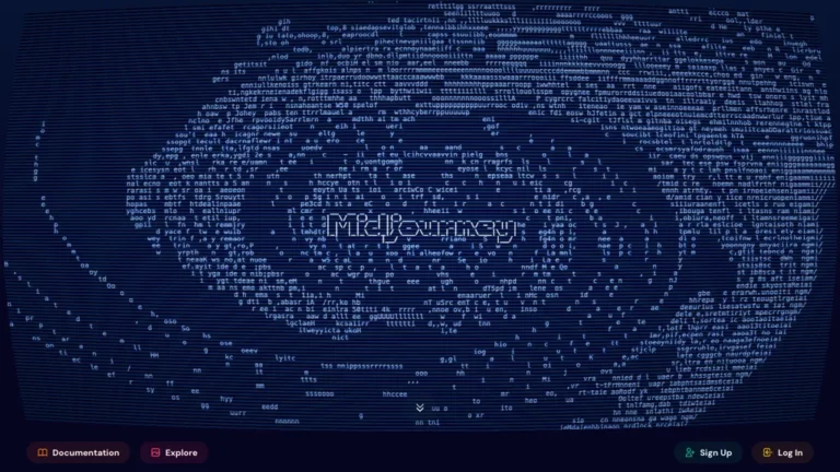Historical Midjourney landing page with a pale text-pattern swirl on a dark navy background, the Midjourney wordmark, and navigation controls.