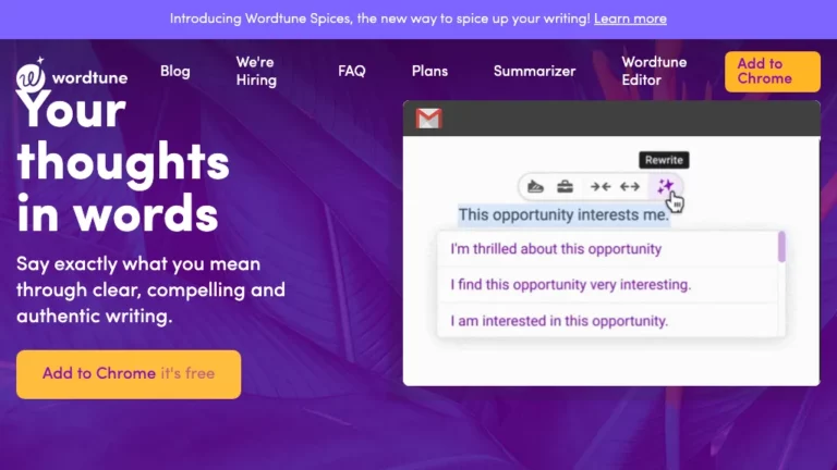 Historical purple Wordtune homepage with the headline “Your thoughts in words,” yellow Add to Chrome buttons, and an email-rewriting example.