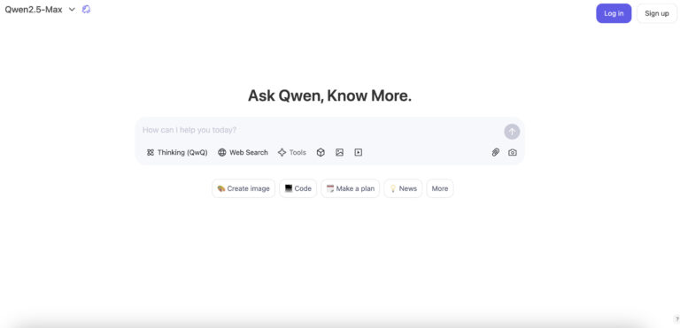 Archived Qwen2.5-Max chat screen with a prompt box, Thinking (QwQ), Web Search, and login controls