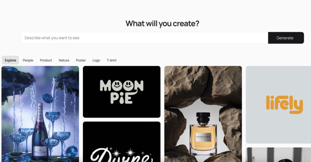 Historical Ideogram creation page with a prompt field and sample image grid including MoonPie, a fragrance bottle and a firefly wordmark.