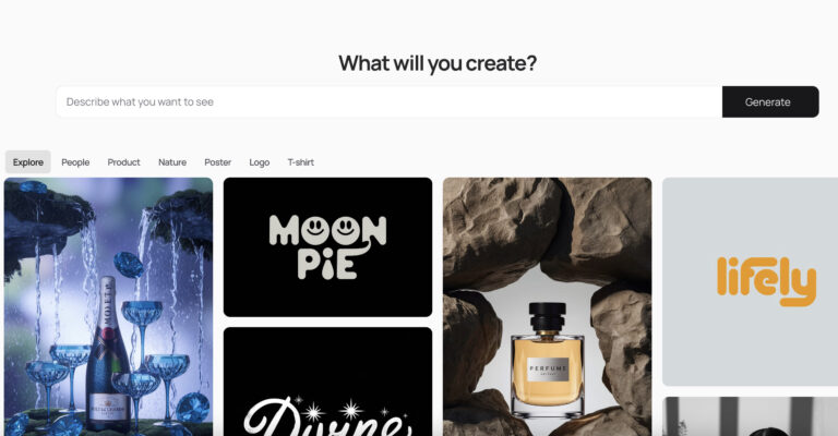 Historical Ideogram creation page with a prompt field and sample image grid including MoonPie, a fragrance bottle and a firefly wordmark.