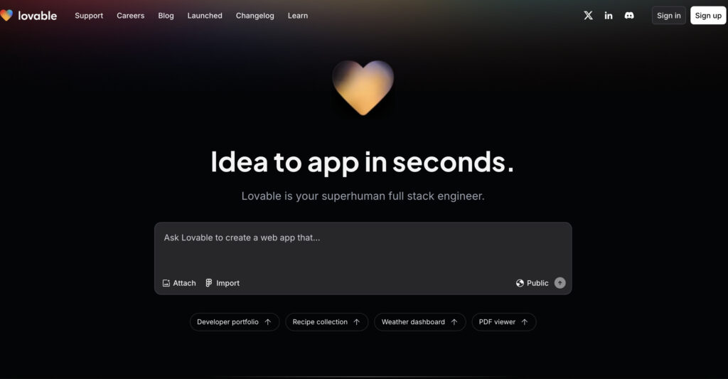 Historical Lovable homepage with a gradient heart, an Idea to app in seconds headline, and a web-app prompt box.