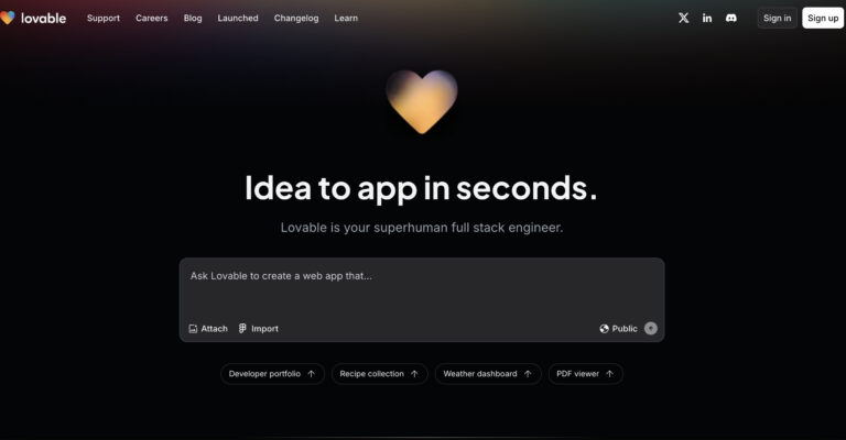 Lovable 2 Historical Lovable homepage with a gradient heart, an Idea to app in seconds headline, and a web-app prompt box.