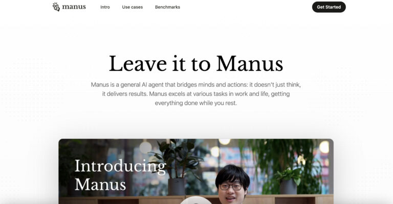 Manus 1 Earlier Manus homepage with the Manus logo, Leave it to Manus headline and a cropped video presenter