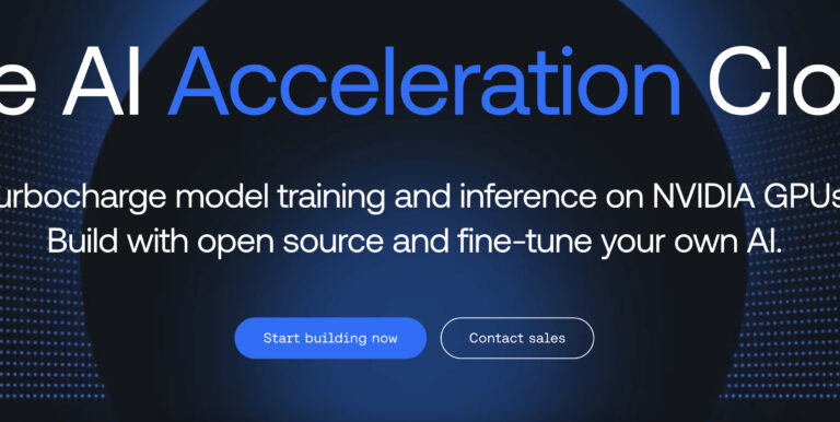 Historical Together AI homepage with blue-and-white acceleration-cloud headline, GPU training text and two call-to-action buttons.