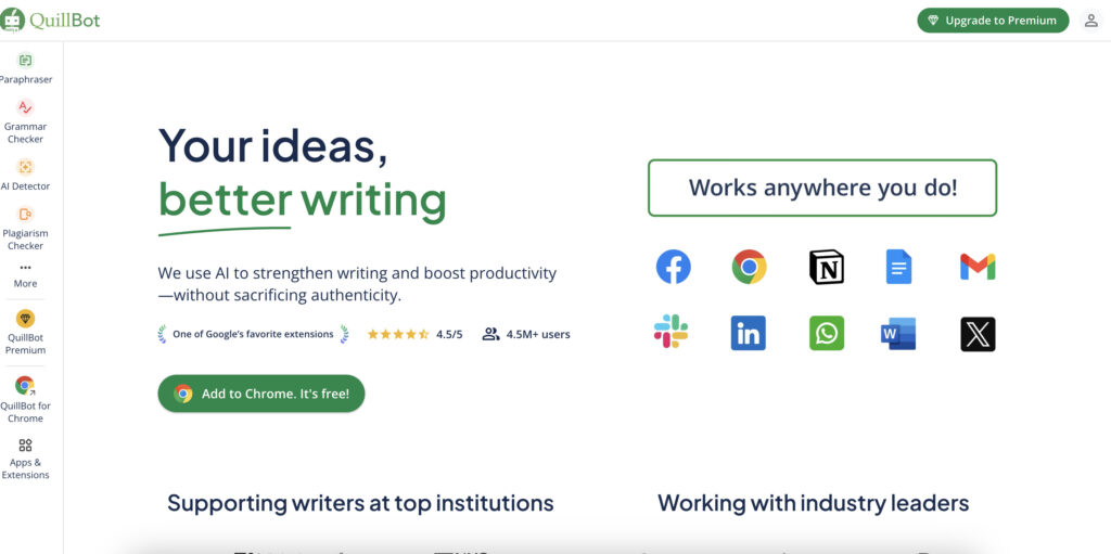 Historical QuillBot page with its green logo, a writing headline, a left tool sidebar, and a grid of app icons.