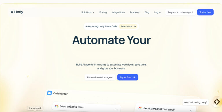 Historical Lindy homepage with a cream background, Automate Your headline, blue Try for free buttons and partial workflow cards.
