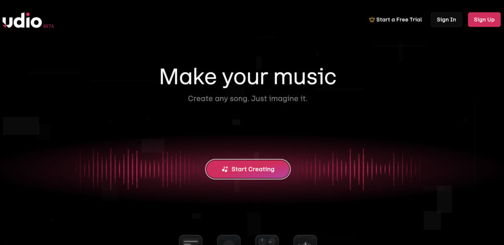 Historical Udio homepage with its logo, Make your music heading and pink Start Creating button.