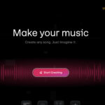 Historical Udio homepage with its logo, Make your music heading and pink Start Creating button.