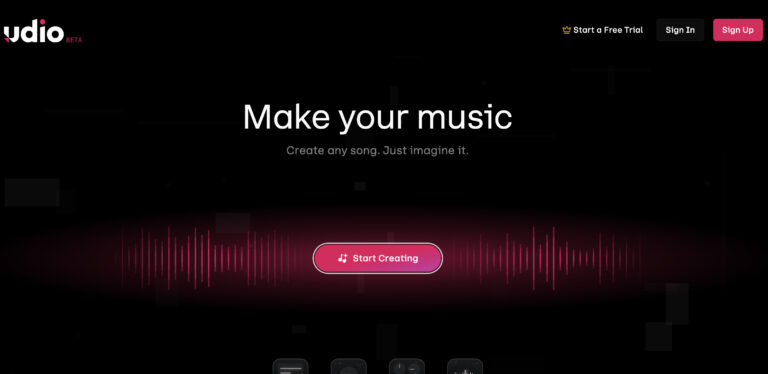 Historical Udio homepage with its logo, Make your music heading and pink Start Creating button.