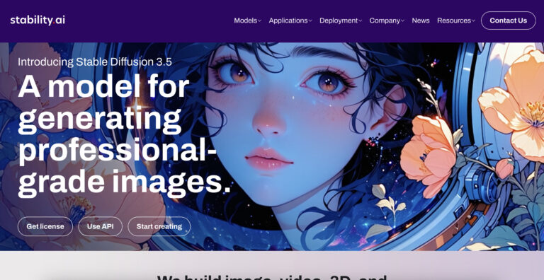 Stability AI 3 Historical Stability AI homepage screenshot introducing Stable Diffusion 3.5, with a purple navigation bar and an illustrated astronaut surrounded by flowers.