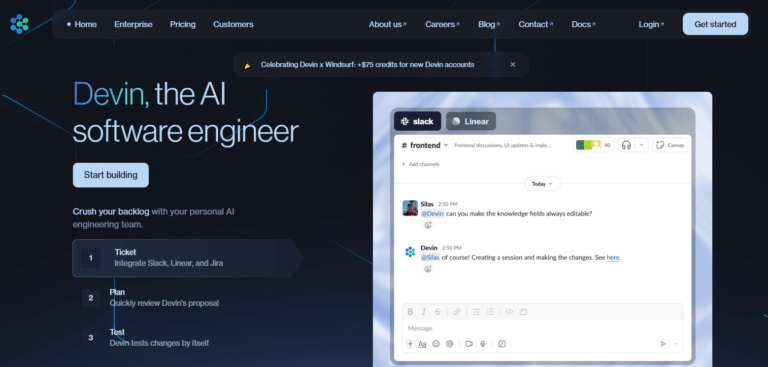 Historical Devin homepage with an AI software engineer headline, Start building button, and Slack-style task conversation.