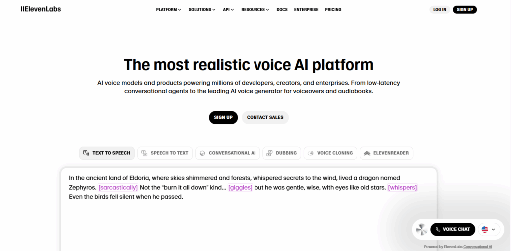 ElevenLabs AI Voice Generator 7 Historical ElevenLabs homepage with its wordmark, a voice-platform headline, product tabs, and a text-to-speech sample panel.