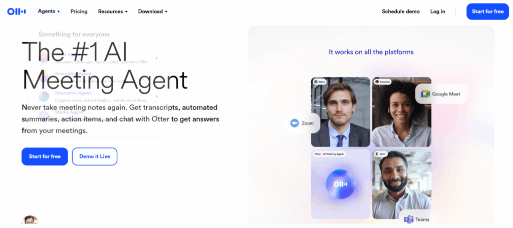 Historical Otter homepage with blue branding, a meeting-agent headline, and video-call participant cards.