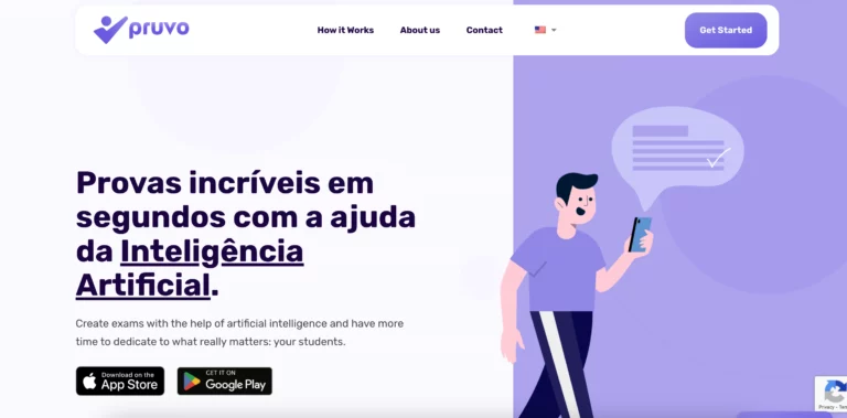 Historical Pruvo exam-generation homepage with purple branding, app-store badges and an illustration; capture date unknown