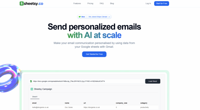 Historical Sheetsy homepage introducing AI-personalized email from Google Sheets