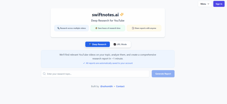 Historical Swiftnotes homepage introducing Deep Research for YouTube
