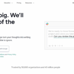 Historical Grammarly landing page with its green logo, a large writing-assistance headline, and a suggestion panel beside the text.