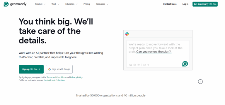 Historical Grammarly landing page with its green logo, a large writing-assistance headline, and a suggestion panel beside the text.
