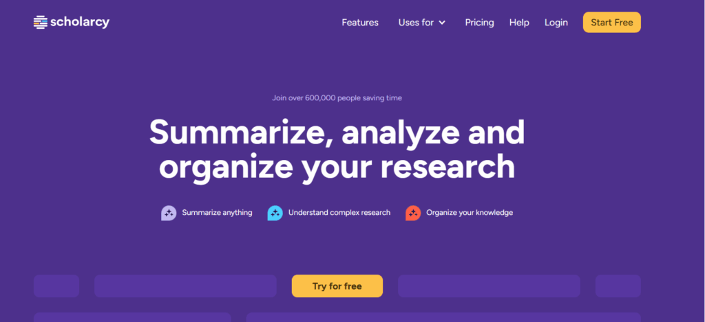 Scholarcy AI 5 Archived Scholarcy homepage with a purple background, research-summary headline and yellow Try for free button.