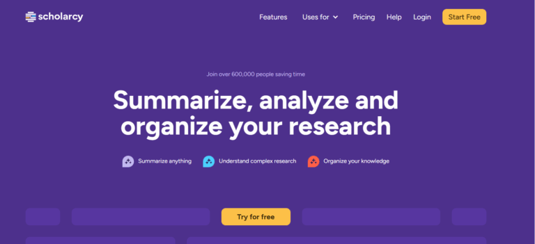 Archived Scholarcy homepage with a purple background, research-summary headline and yellow Try for free button.