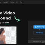 Historical Unscreen homepage with its logo, background-removal headline, a woman against a checkerboard, and Upload Clip button